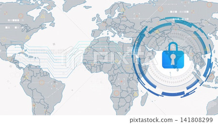 Displaying blue padlock icon locking circular HUD over world map, with circuit lines, copy space 141808299