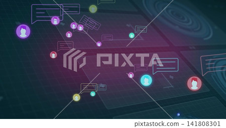 Floating colored user avatars and speech bubbles creating network on dark teal grid, glowing nodes Floating colored user avatars and speech bubbles creating network on dark teal grid, glowing nodes 141808301