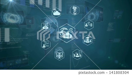 Floating central hexagon showing globe-cloud syncing on digital dashboard, with hex icons and code Floating central hexagon showing globe-cloud syncing on digital dashboard, with hex icons and code 141808304
