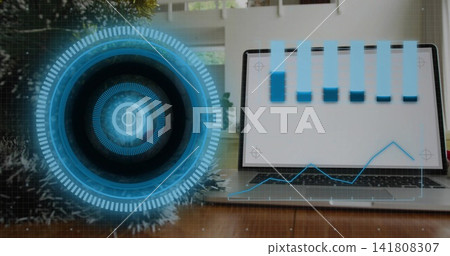 Displaying open silver laptop with blue vertical tabs and line graph on wooden desk, HUD overlay 141808307