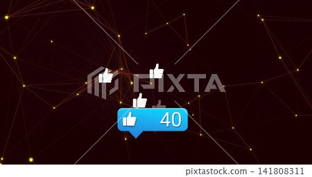 Floating blue alert bubble showing white thumbs-up 40 badge over maroon network with glowing nodes Floating blue alert bubble showing white thumbs-up 40 badge over maroon network with glowing nodes 141808311