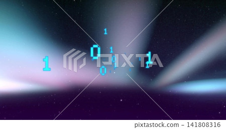 Floating pixelated cyan binary numerals drifting above purple horizon, with aurora and starfield 141808316