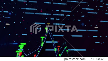 Showing central triangular data peak rising on dark digital canvas, with blue dotted line and nodes 141808320