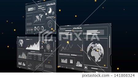 Showing three floating hologram panels in virtual space, displaying dotted globe charts gauges Showing three floating hologram panels in virtual space, displaying dotted globe charts gauges 141808324