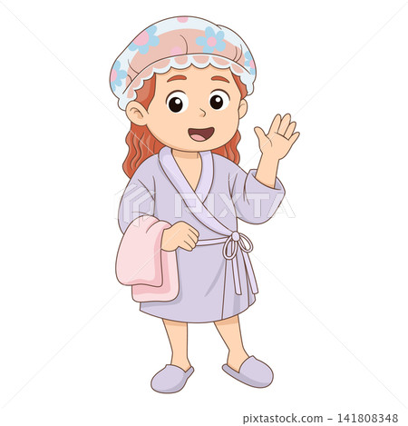 Cute little girl waving wearing bathrobe shower cap cartoon hygiene illustration character Cute little girl waving wearing bathrobe shower cap cartoon hygiene illustration character 141808348