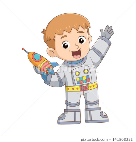 Cute boy astronaut holding rocket exploring space adventure educational cartoon illustration 141808351