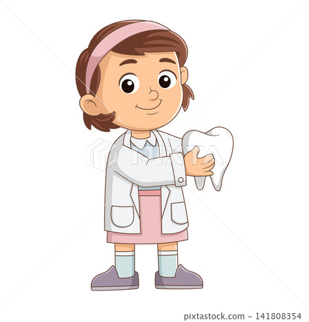 Cute young dentist holding tooth for dental education cartoon illustration character 141808354