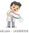 Cute boy brushing giant toothbrush promoting dental hygiene educational cartoon illustration 141808356
