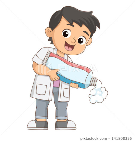 Cute boy brushing giant toothbrush promoting dental hygiene educational cartoon illustration Cute boy brushing giant toothbrush promoting dental hygiene educational cartoon illustration 141808356