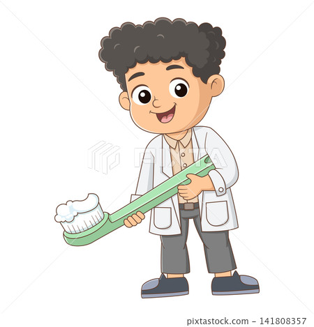Cute boy holding giant toothbrush promoting oral hygiene cartoon educational illustration Cute boy holding giant toothbrush promoting oral hygiene cartoon educational illustration 141808357