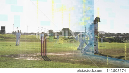 Preparing batter and keeper in whites with helmet pads on pitch, red stumps and binary overlay Preparing batter and keeper in whites with helmet pads on pitch, red stumps and binary overlay 141808374