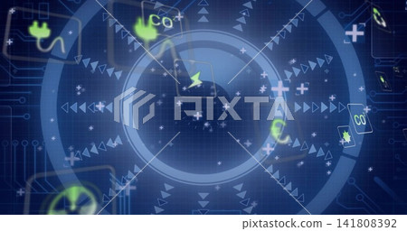 Animating central circular HUD with rings rotating on blue grid showing CO2+ tile plug particles Animating central circular HUD with rings rotating on blue grid showing CO2+ tile plug particles 141808392