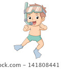 Cute baby snorkeling cartoon character wearing fins summer vacation illustration underwater 141808441