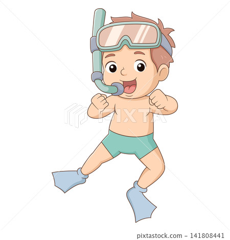 Cute baby snorkeling cartoon character wearing fins summer vacation illustration underwater Cute baby snorkeling cartoon character wearing fins summer vacation illustration underwater 141808441