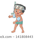 Cute little boy snorkeling cartoon swimmer summer vacation illustration with float 141808443