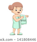 Cute little girl wrapped towel holding bath towel cartoon illustration hygiene 141808446