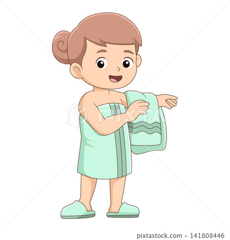 Cute little girl wrapped towel holding bath towel cartoon illustration hygiene Cute little girl wrapped towel holding bath towel cartoon illustration hygiene 141808446