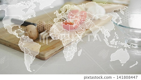 Showing cutting board with mushrooms, cracked egg yolk, knife and glass in kitchen, map overlay Showing cutting board with mushrooms, cracked egg yolk, knife and glass in kitchen, map overlay 141808447
