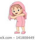 Cute little girl wrapped pink bath towel cartoon hygiene illustration character 141808449