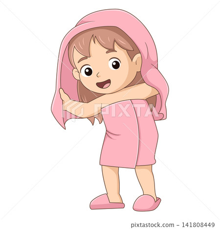 Cute little girl wrapped pink bath towel cartoon hygiene illustration character 141808449