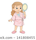 Cute little girl holding mirror wearing bathrobe cartoon self care illustration 141808455