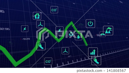 Displaying neon-green zigzag line chart on dark-blue grid dashboard, showing CO2 and energy icons Displaying neon-green zigzag line chart on dark-blue grid dashboard, showing CO2 and energy icons 141808567