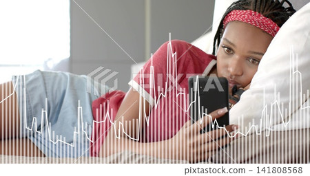 Reclining woman holding black phone in bedroom on bed wearing red tee white pillow waveform overlay Reclining woman holding black phone in bedroom on bed wearing red tee white pillow waveform overlay 141808568