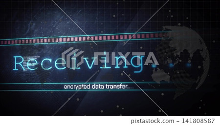 Displaying cyan Receiving text, encrypted transfer subtitle on dashboard, progress strip and globe Displaying cyan Receiving text, encrypted transfer subtitle on dashboard, progress strip and globe 141808587