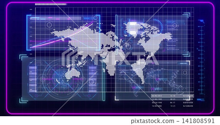 Displaying large dotted world map centered on virtual dashboard, with translucent panels and radar Displaying large dotted world map centered on virtual dashboard, with translucent panels and radar 141808591