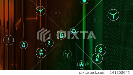 Displaying circular energy icons over vented racks in server room, showing handles and green strip Displaying circular energy icons over vented racks in server room, showing handles and green strip 141808645