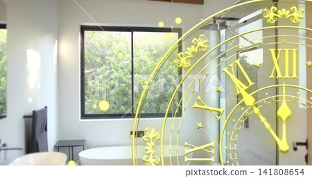 Featuring golden clock motif on glass partition in bathroom, with white tub and black window Featuring golden clock motif on glass partition in bathroom, with white tub and black window 141808654