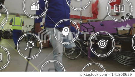 Walking man in blue jacket and torn jeans using cane through repair workshop, with HUD icons Walking man in blue jacket and torn jeans using cane through repair workshop, with HUD icons 141808659