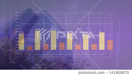 Displaying translucent chart over purple mountain dusk, showing yellow bars, white line, labels 141808670