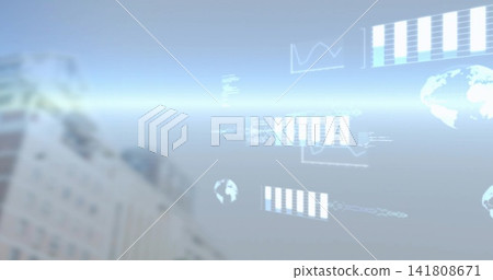 Displaying HUD overlay floating at rooftop, with bar charts, line charts, globe icons, text 141808671