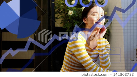 Smiling Asian woman resting chin on hand on balcony striped top rose-bush, data overlay, copy space Smiling Asian woman resting chin on hand on balcony striped top rose-bush, data overlay, copy space 141808758