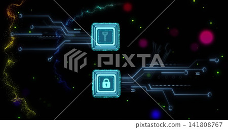 Displaying two cyan tokens key-lock-icons on black, tracing neon-traces, left-gold-ribbon, bokeh Displaying two cyan tokens key-lock-icons on black, tracing neon-traces, left-gold-ribbon, bokeh 141808767