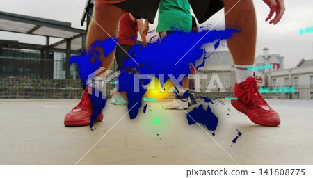 Playing player lower-body wearing red high-top shoes and white crew socks on rooftop court, HUD Playing player lower-body wearing red high-top shoes and white crew socks on rooftop court, HUD 141808775