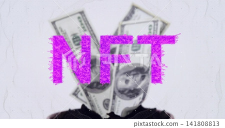 Posing adult wearing dark top holding fanned US$100 bills over face in studio, magenta NFT label Posing adult wearing dark top holding fanned US$100 bills over face in studio, magenta NFT label 141808813