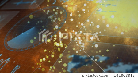 Projecting HUD displaying circular gauge, translucent panels, particle orbs over nebula backdrop Projecting HUD displaying circular gauge, translucent panels, particle orbs over nebula backdrop 141808815