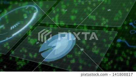 Floating pale blue hologram disc hovering over dark grid plane, with glass panels and green pixels Floating pale blue hologram disc hovering over dark grid plane, with glass panels and green pixels 141808817