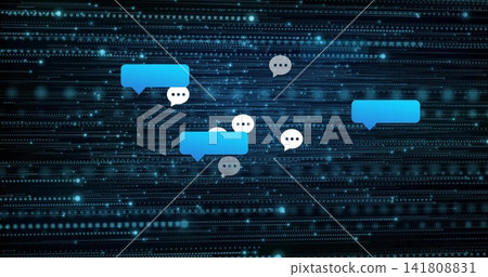 Floating cluster of speech-bubble icons hovering above virtual data plane, showing chat activity Floating cluster of speech-bubble icons hovering above virtual data plane, showing chat activity 141808831