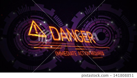 Displaying neon DANGER cluster on HUD, showing triangular icon, IMMEDIATE ACTION REQUIRED, rings Displaying neon DANGER cluster on HUD, showing triangular icon, IMMEDIATE ACTION REQUIRED, rings 141808851