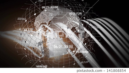 Rotating 3D globe on studio backdrop, displaying numeric overlays, node network and streaks 141808854