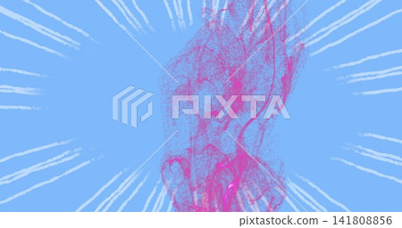 Rising magenta plume flowing upward in graphic sky-blue field, showing sunburst streaks, particles 141808856