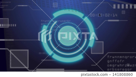 Displaying central cyan multi-ring HUD on dark gradient, showing dotted ring, segmented arcs, timer Displaying central cyan multi-ring HUD on dark gradient, showing dotted ring, segmented arcs, timer 141808860