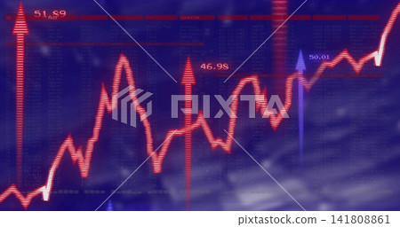Displaying glowing red line chart rising on trading screen showing two red arrows with % labels 141808861