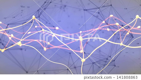 Displaying stylized digital network visual pulsing in virtual space with glowing nodes, wavy lines 141808863