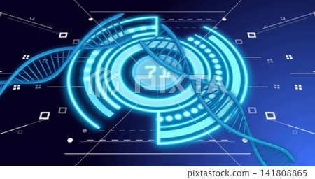 Displaying DNA double helices crossing central HUD with concentric rings in lab, showing readout 71 Displaying DNA double helices crossing central HUD with concentric rings in lab, showing readout 71 141808865