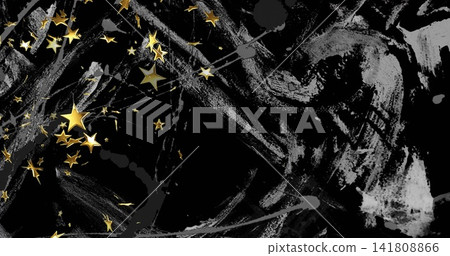 Glittering metallic gold star cluster trailing golden lines on black canvas, gray marks, copy space Glittering metallic gold star cluster trailing golden lines on black canvas, gray marks, copy space 141808866