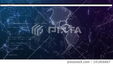 Glowing dotted-mesh Americas globe pulsing across digital UI canvas, with nodes, code, bar, dots Glowing dotted-mesh Americas globe pulsing across digital UI canvas, with nodes, code, bar, dots 141808867